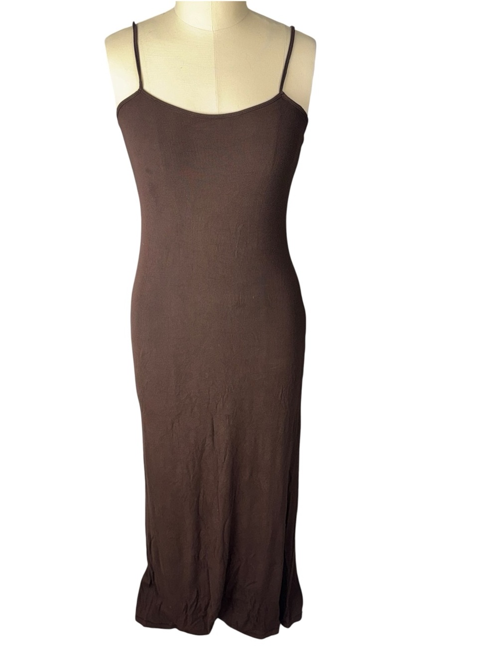 SKIMS Ribbed Stretch Maxi Dress Brown Spaghetti Strap Bodycon Size Tag Faded